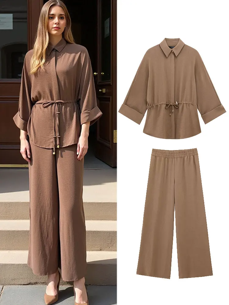 

TRAFZA Women's High Waist Casual Trousers Suit Retro Lapel Drawstring Waist-tightening Long Sleeve Shirt 2025 Women's Streetwear