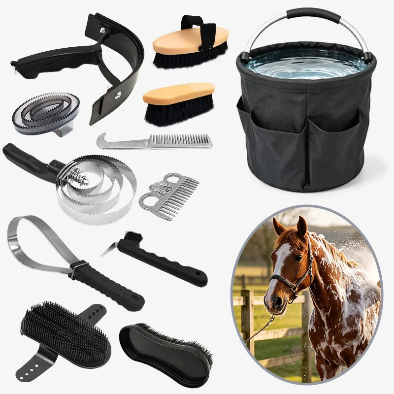 12 Piece Horse Grooming Kit with Organizer Tote Bag Brush Sets for Derby Day Show Horses Professional Tools for Care & Massage