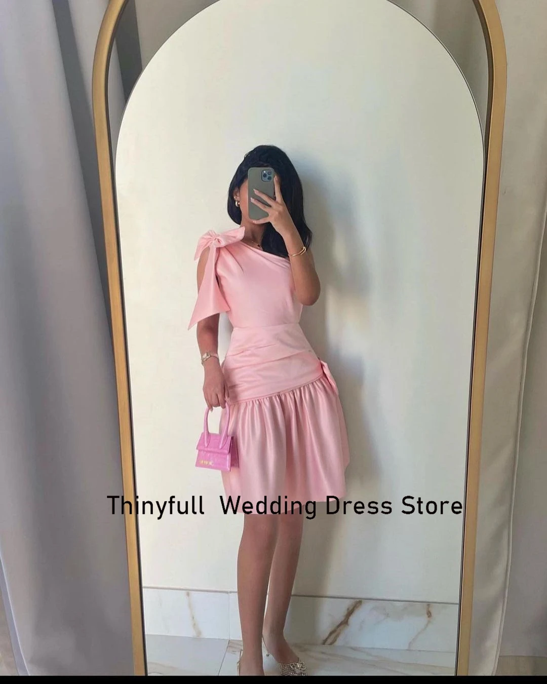 Thinyfull Elegant Baby Pink Prom Dresses One Shoulder Knee-Length Saudi Arabia Evening Party Gowns Stain Formal Occasion Gowns