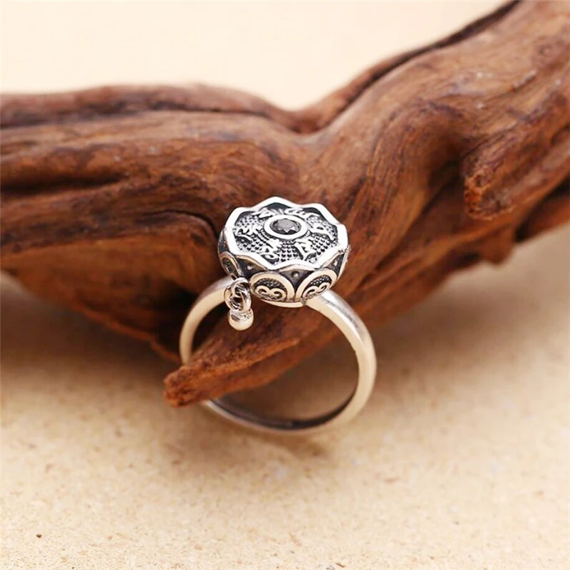 Vintage Thai Silver Sanskrit Buddhist Scriptures 925 Sterling Silver Resizable Opening Ring For Women Jewelry RI1018