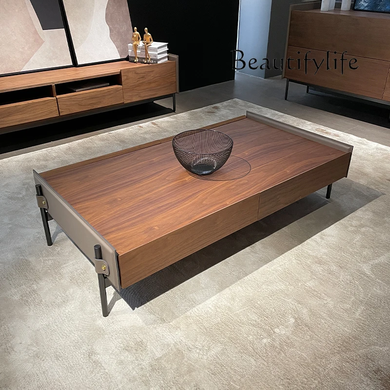 

Italian Minimalist Saddle Leather Coffee Table Designer Model Living Room Home Modern Light Luxury Stainless Steel Tea Table