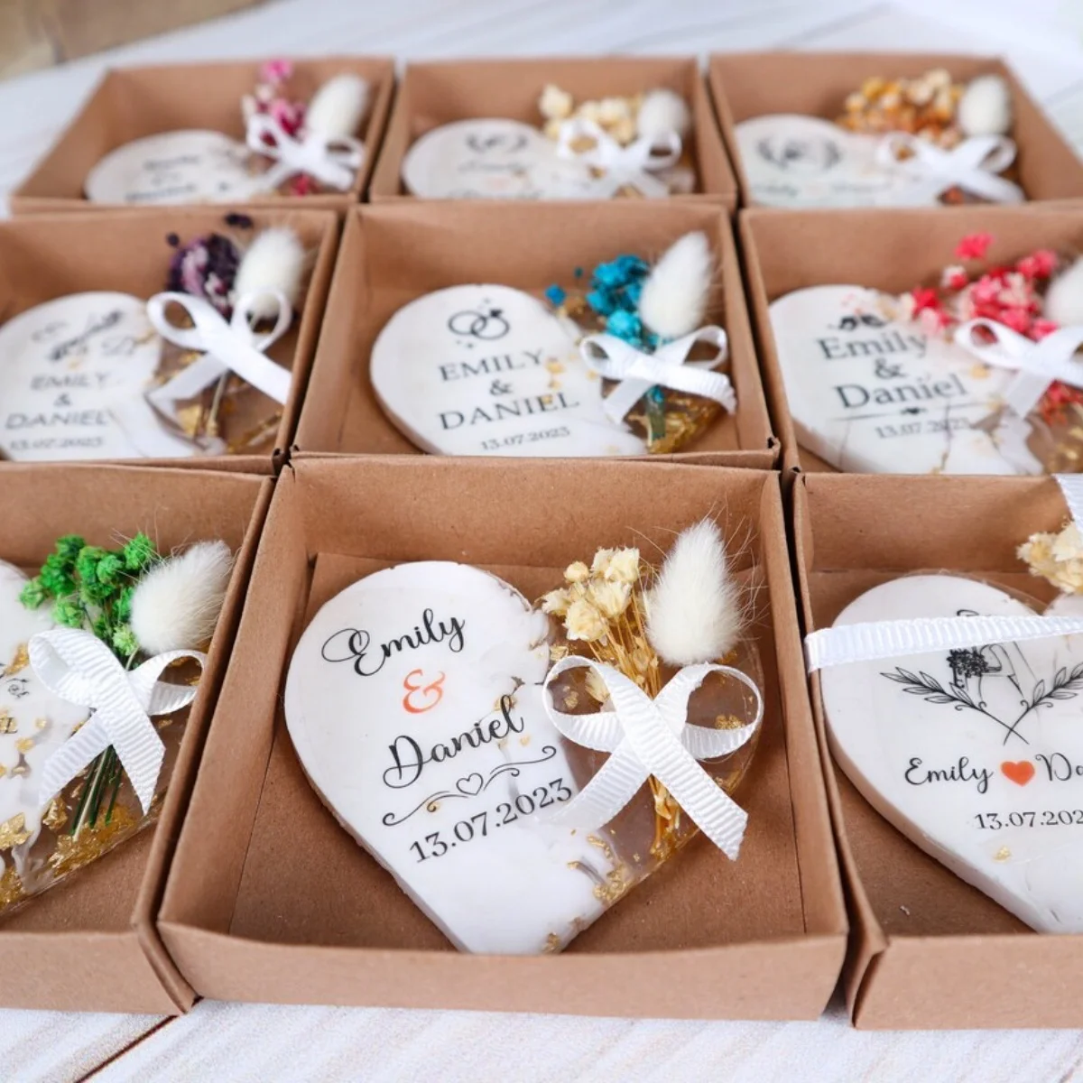 

10 шт. персонализированные свадебные сувениры, магнит из эпоксидной смолы, индивидуальный эпоксидный магнит с подарочной коробкой, свадебная вечеринка, свадебный душ