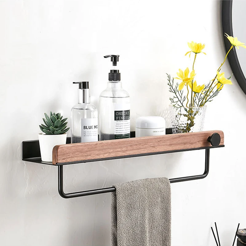 Massief Houten Badkamerplank Geen Boor Organizer Douche Opbergrek Hoekplanken Wandgemonteerde Toiletshampoo Houderaccessoires