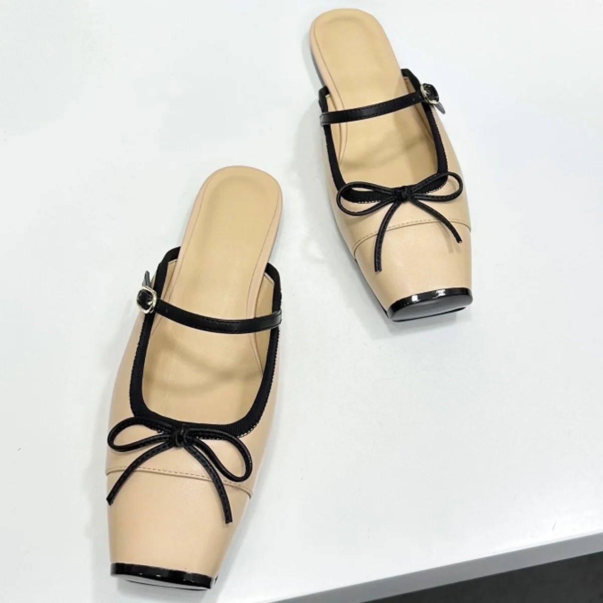 

2026 Women's Genuine Leather & Sequin Bow Accent Square Toe Mary Jane Mules, Fashion Slip-Ons Classic Daily Shoes YYT26060119
