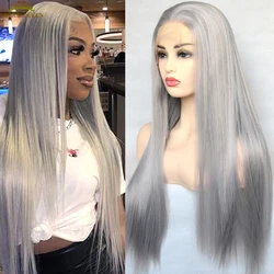 Voguequeen Silver Grey Synthetic Lace Front Wig  Long Straight High Temperature Fiber Daily Wear For Women