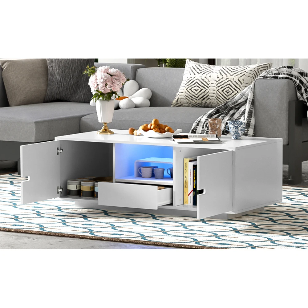 High Glossy Rectangle Coffee Table,Stylish Center Table，Storage Space,Accent Furniture with 16 Color LED Lights for LivingRoom