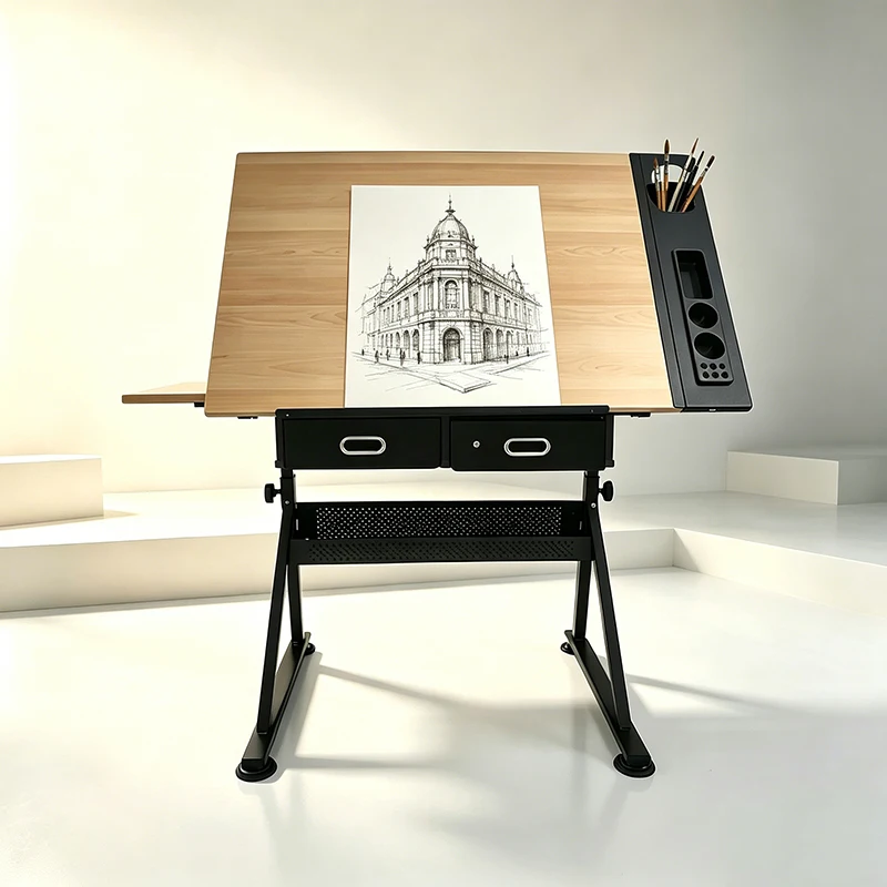 Superior Quality School Wooden Adjustable Tilting Drawing Table With Chair And 2 Drawer For Home Office And Architecture Drawing