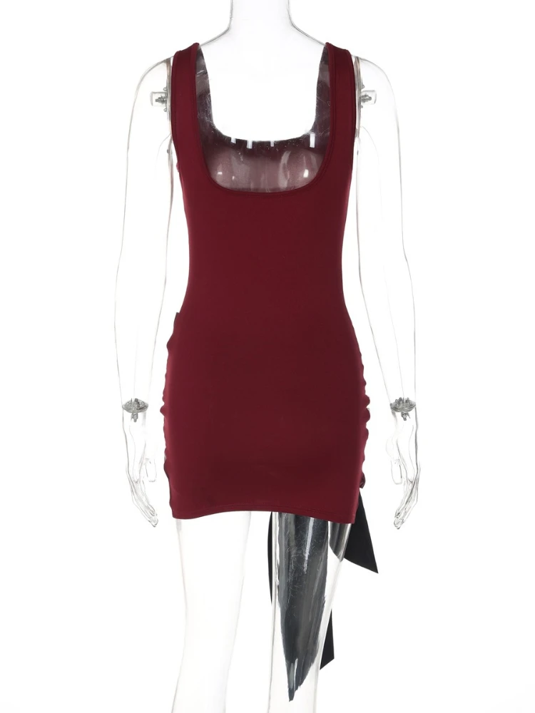 Ropa de mujer sin mangas vendaje vestido de fiesta Club señora Chic sin espalda PU cuero Patchwork vestidos cortos de cóctel negro vino rojo