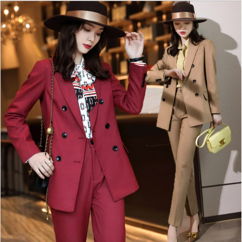 

Red Small Suit Outfit Women's 2022 Spring and Autumn Business Wear Graceful and Fashionable Double-Breasted Small Suit Two-Piece