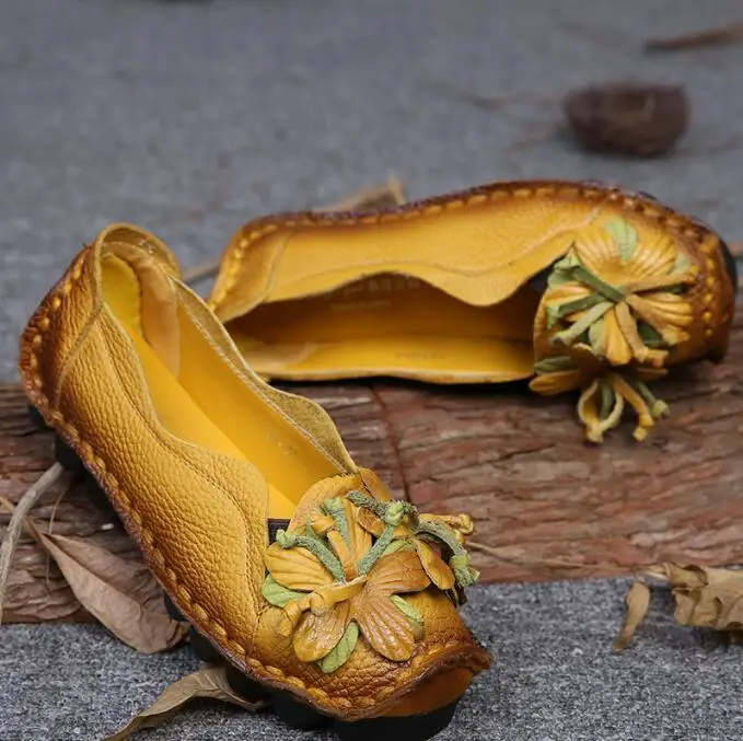 Retro Shoes Flats Women\'s Floral Ballet Shoes Ladies Real Leather Loafers Woman Sole Shockproof Moccasins Blue Shoe