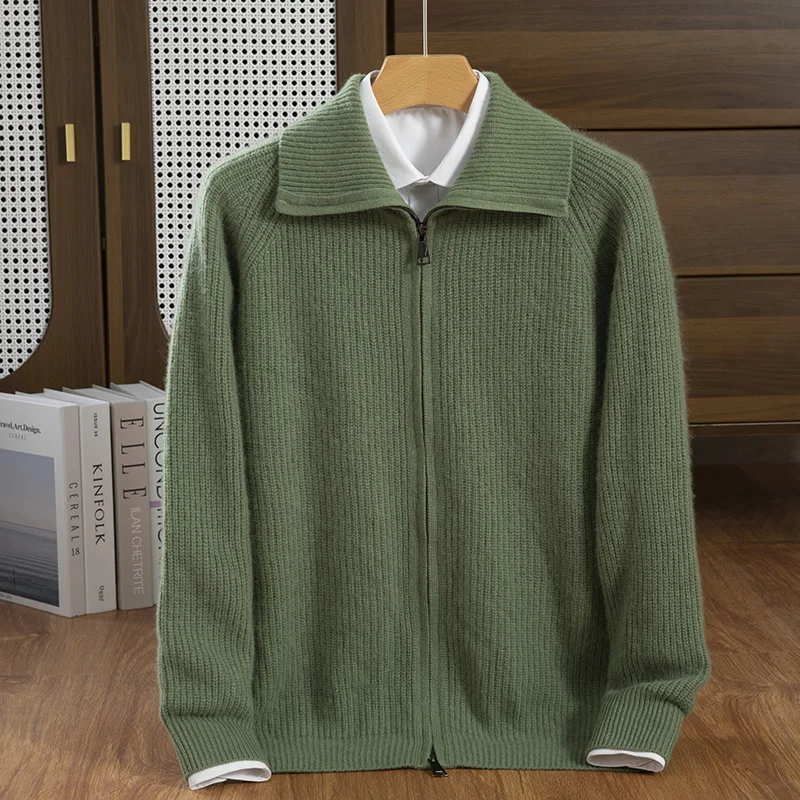 남성용 100% 캐시미어 스웨터, 잉곳 바늘, 7 개의 바늘, 두꺼운 지퍼 칼라, 다목적 스타일, 가을 및 겨울 신상