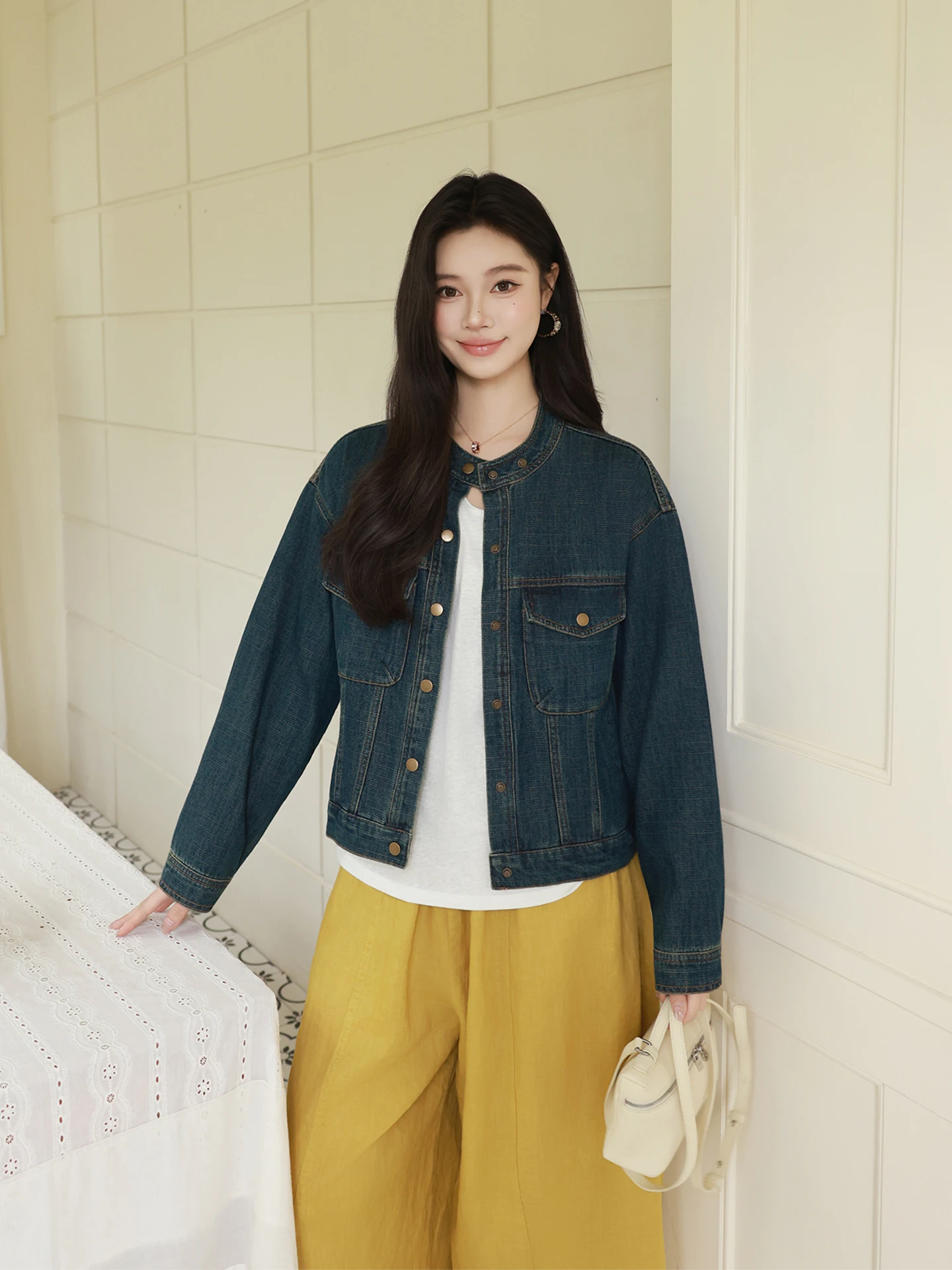 

Модная женская джинсовая куртка Me Fashion Heavy Duty с эффектом похудения, повседневная, весенняя, укороченная, из смесового хлопка, с длинными рукавами