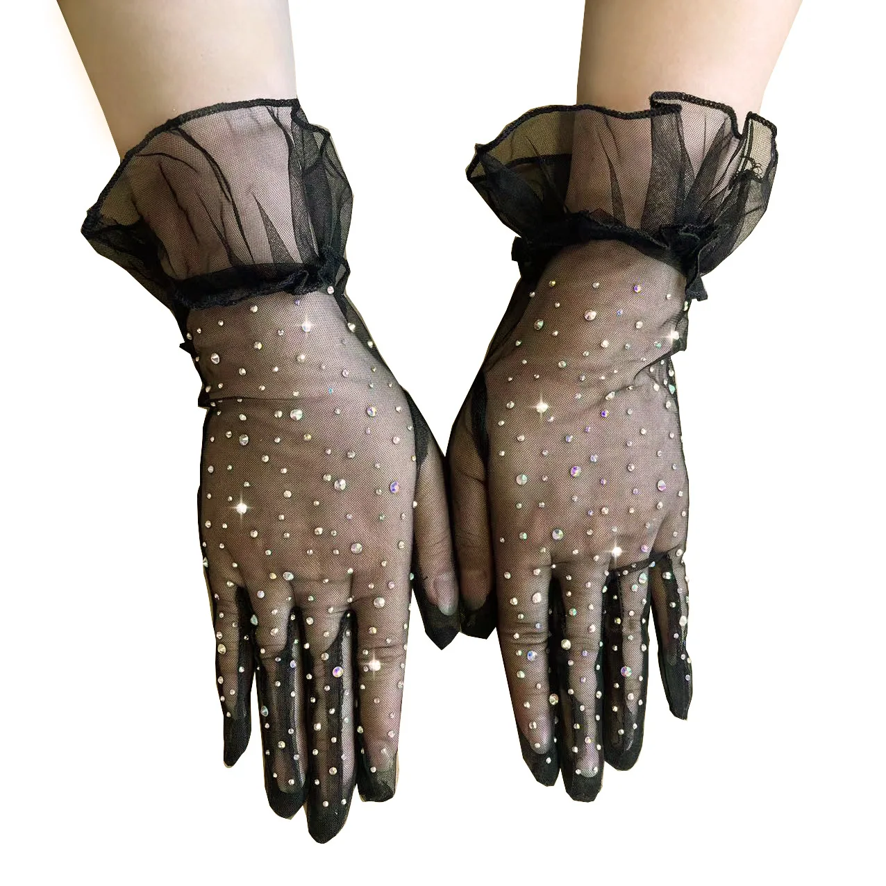 Women Sexy Transparent Shiny Pole Dancing High Stretch Gloves Stage Performance Cosplay Mesh Lolita Elegant Short Ruffle