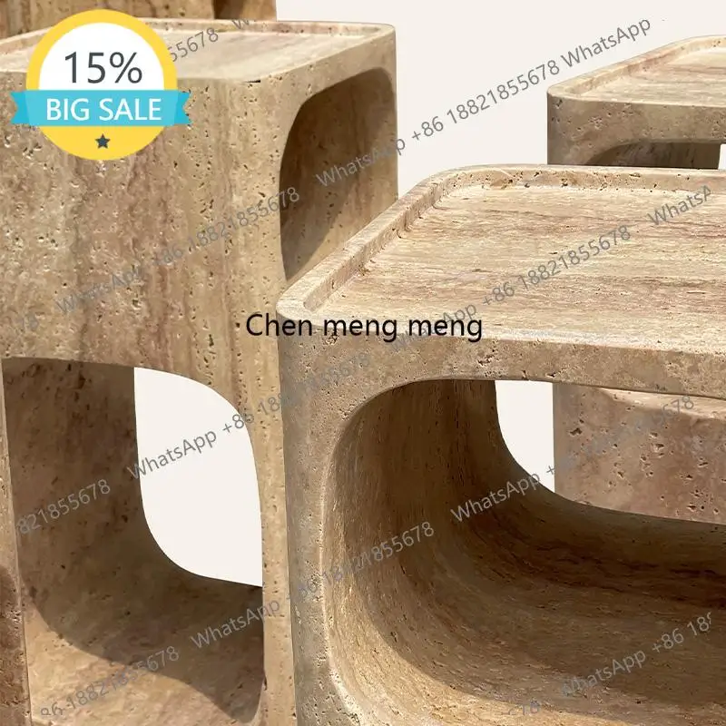 

L07 Nordic Travertine Bedside Table - Wabi-Sabi Natural Marble Nightstand w/ Artistic Design for Living Room & Bedroom Decor