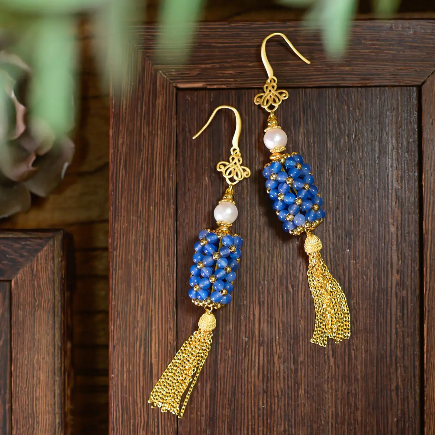 Chinese Lantern Tassel Earrings Natural Blue Chalcedony S925 Silver Handmade Ethnic Long Drop Earrings