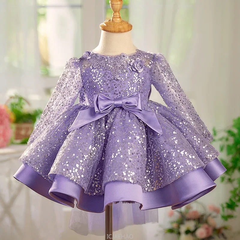 

Kids Girls Luxury Sequin Flowers Princess Dress Solid Color Bow Long Sleeve Piano Gown Formal Wear Performance Host Birthday