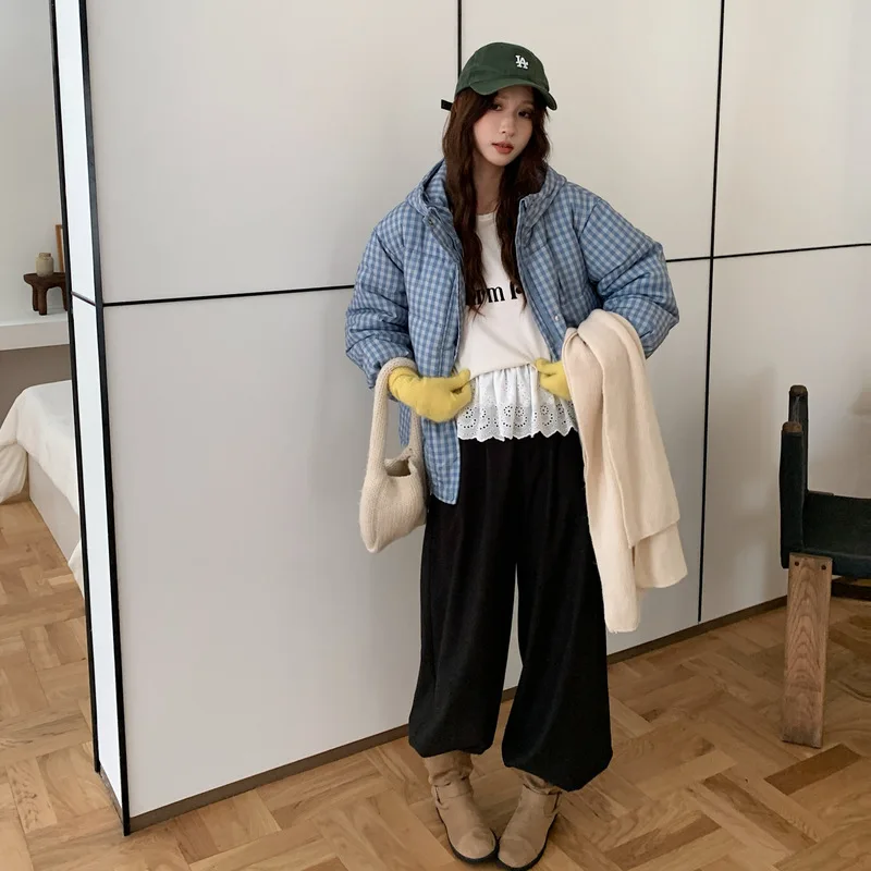 Women Short Plaid Parkas Coats Solid Jackets Zipper Pocket Stand Collar Long Sleeves Thick Loose Office Lady Casual 2025 Winter