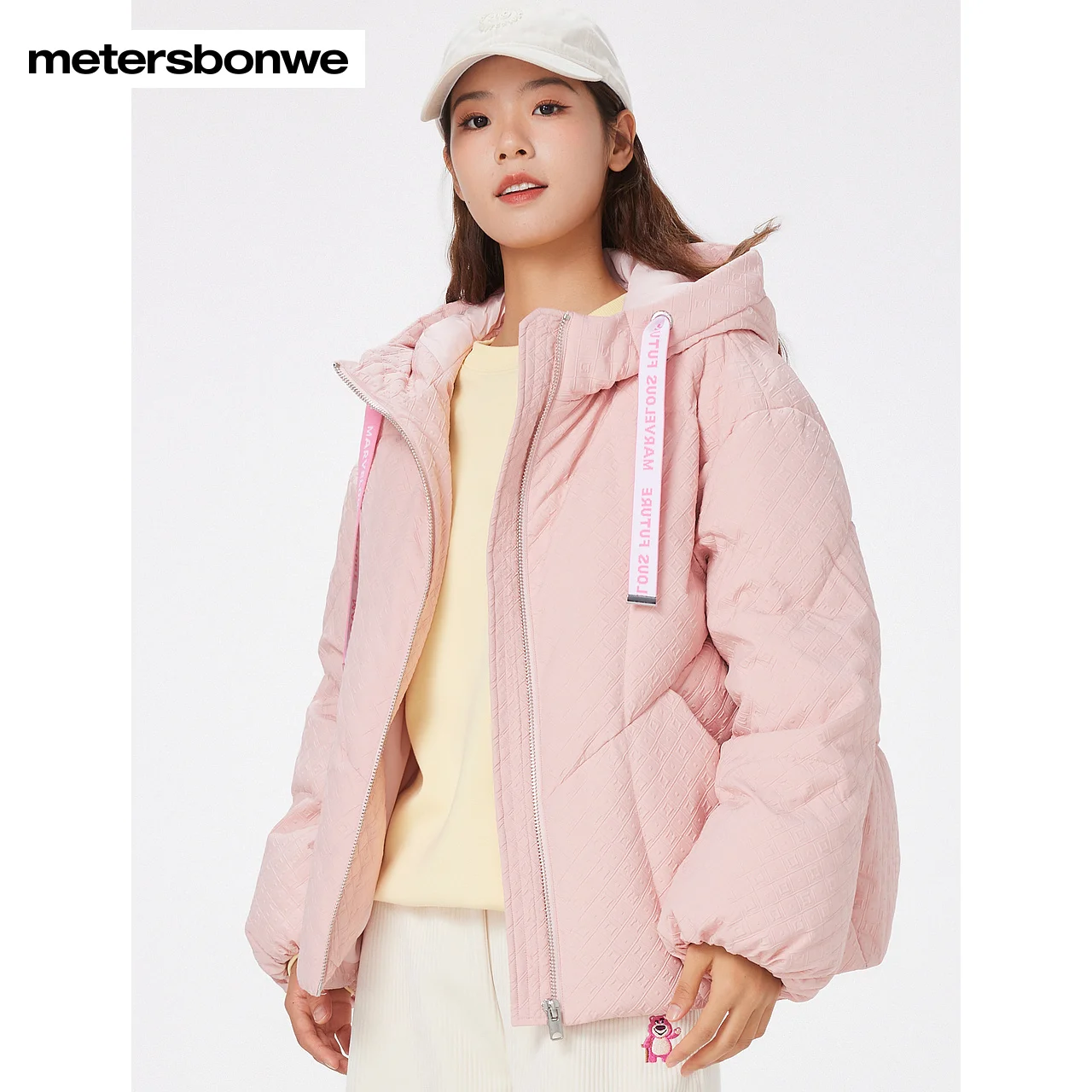 Metersbonwe-Women\'s Jacket Puffer 90 White Duck Down Loose Hooded Short Thickened Sweet Korean Style Winter