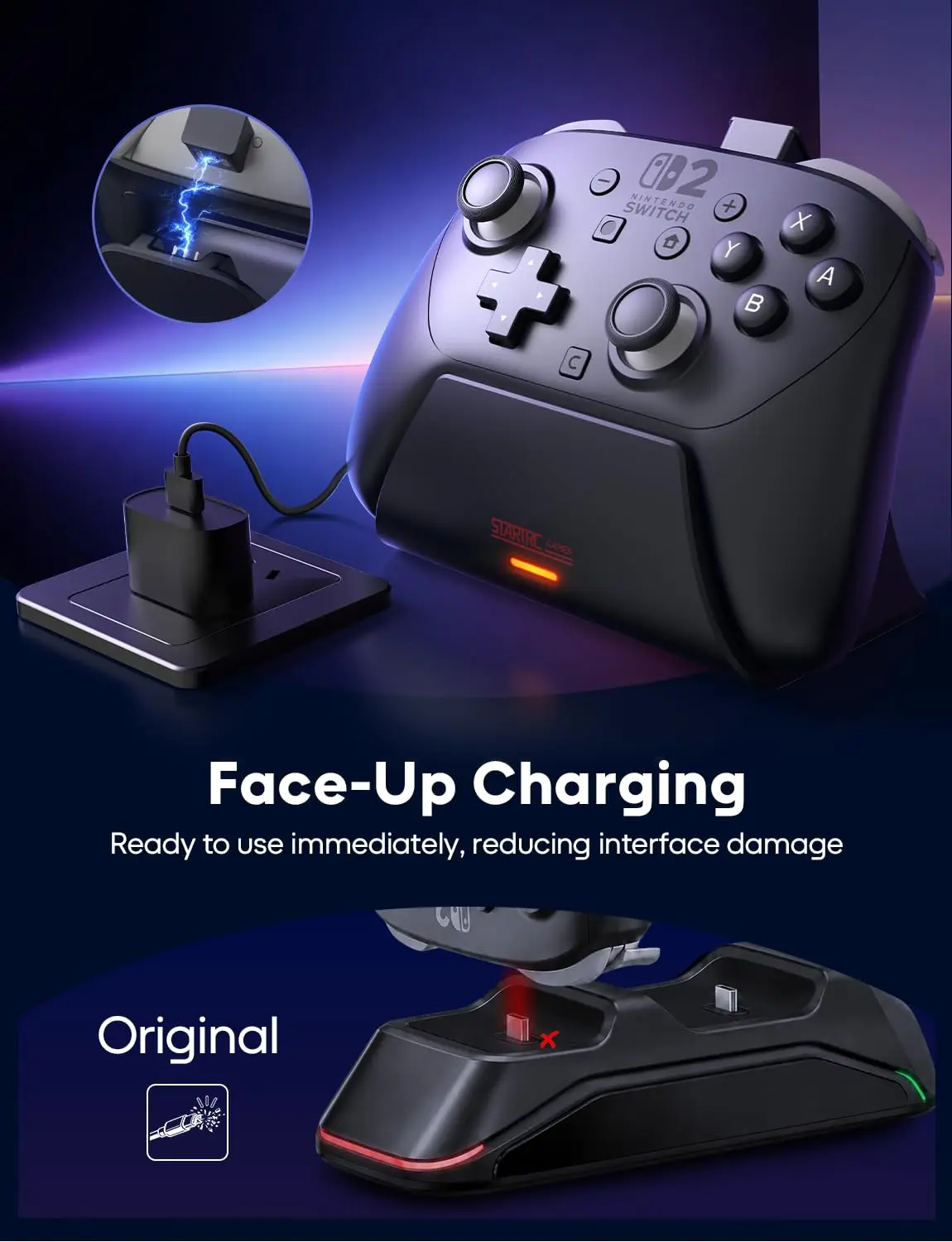 Charging Dock Station with Adapter for Nintendo Switch 2 Pro Controller, Charging Base Stand with Indicator Light Fast Charge