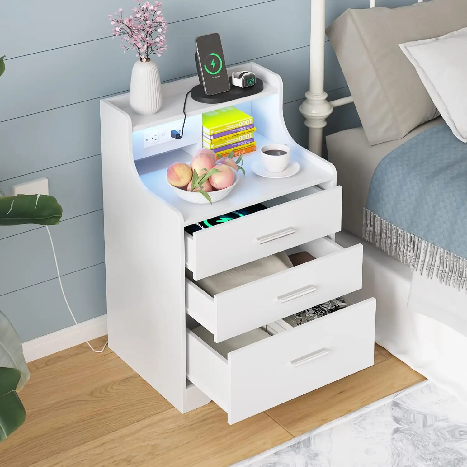 

Vabches Nightstand with Charging Station&LED Lights White Bedside Table with Drawers&Open Storage Shelf Night Stand for Bedroom