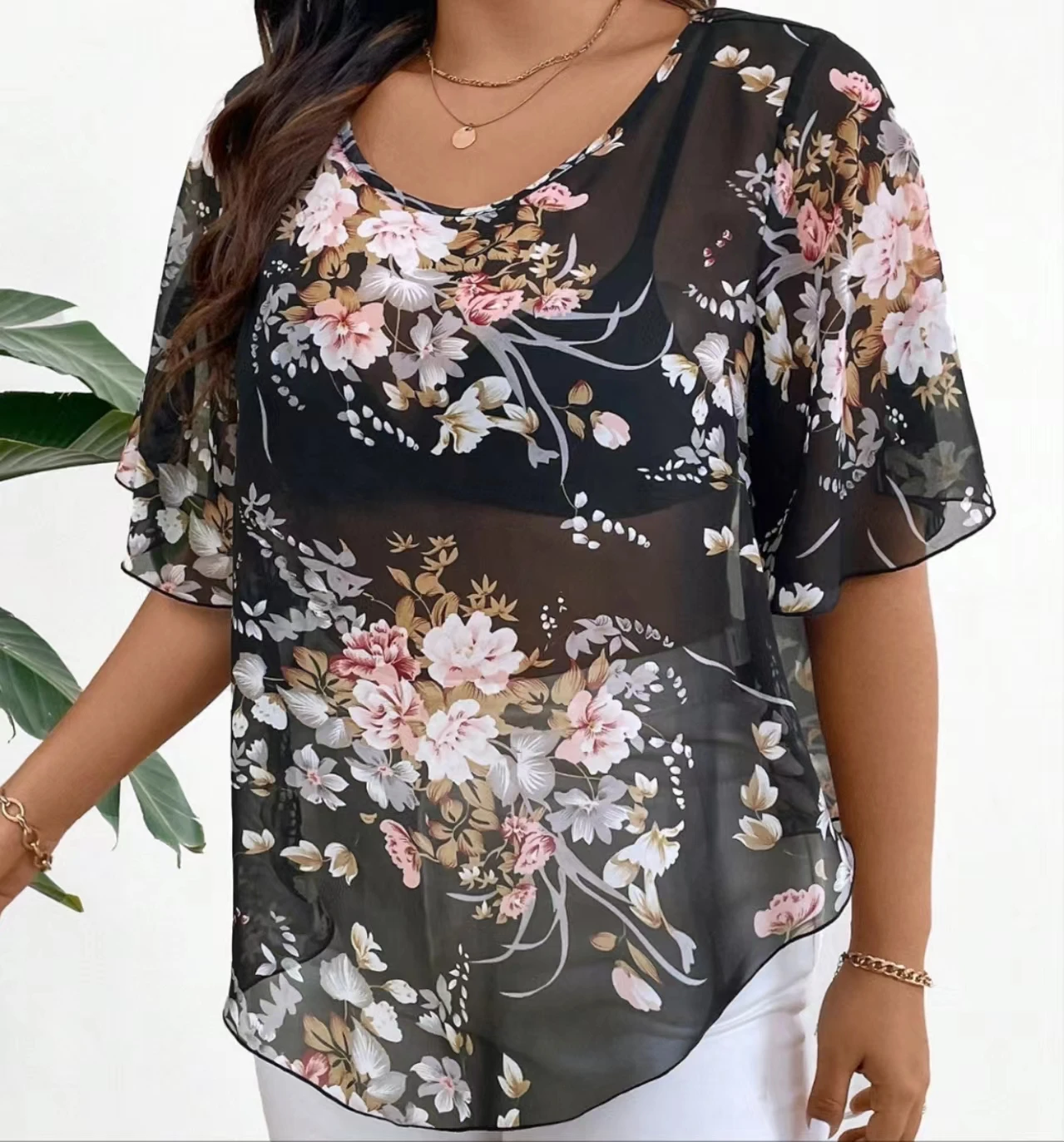 سترة شيفون بأكمام قصيرة ، غطاء مطبوع للحوم ، غاز أجنبي جديد ، مقاس كبير ، الصيف