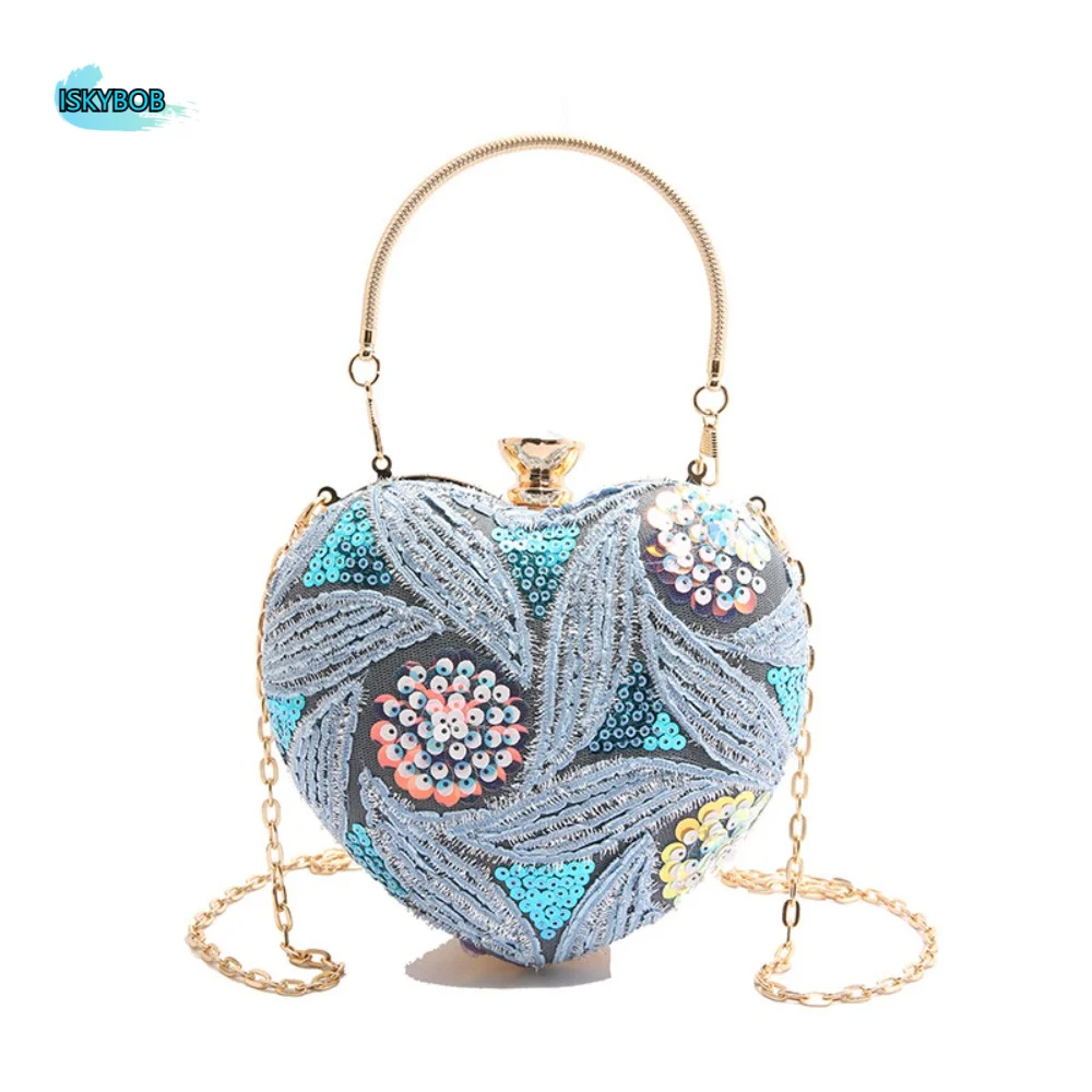 

Glitter Sequin Evening Banquet Bag Elegant Embroidery Heart Shape Handbag Sweet Large Capacity Ladies Clutch Bag Wedding