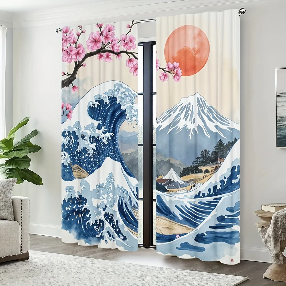 2pc Japanese cherry blossom Mount Fuji print curtains, polyester fabric, machine washable, suitable for bedroom and living room