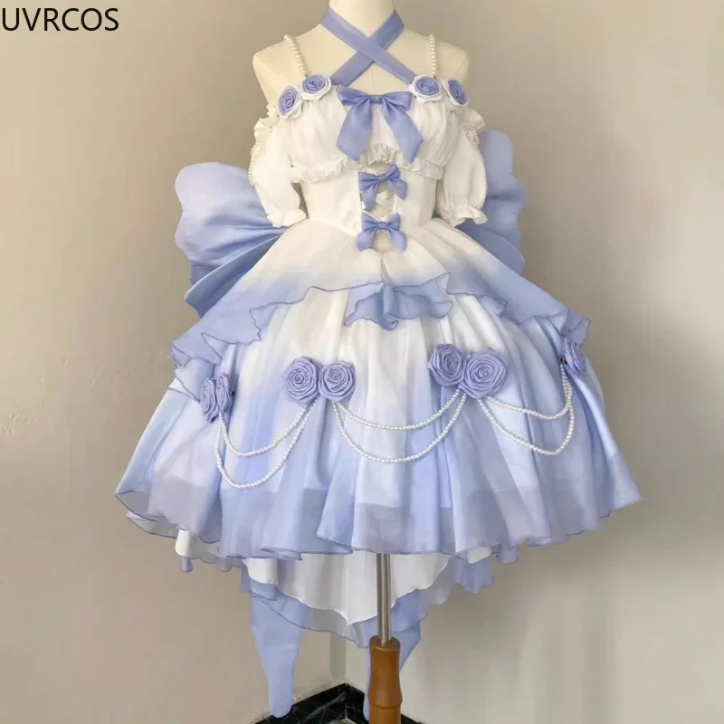 Vestido Lolita vitoriano retrô feminino, laço elegante, corrente de pérolas, babados, vestidos de rosa gradiente kawaii vestido de princesa rosa