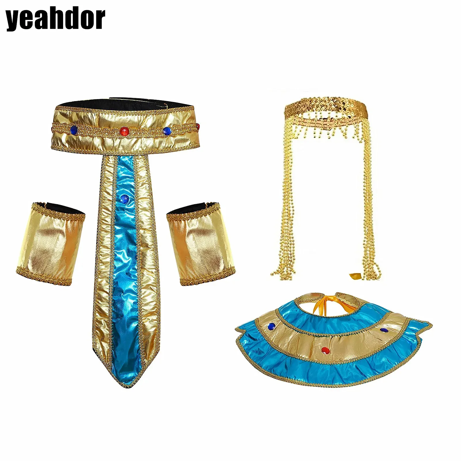 

Egyptian Pharaoh Cleopatra Cosplay Costume Accessories Headwear Neck Collar Cloak Waist Belt And Wristbands for Halloween