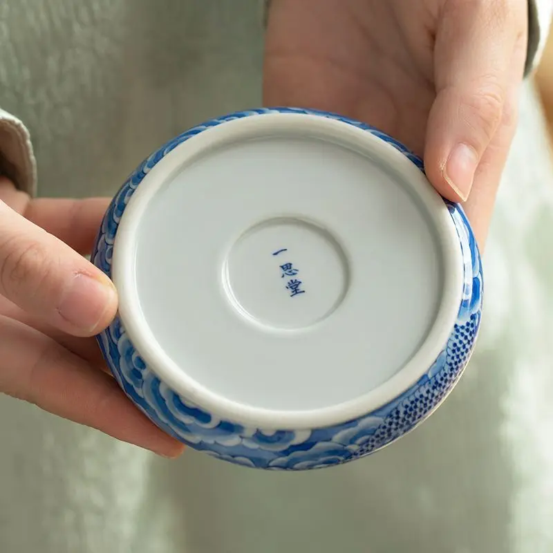 Yisitang Ceramic Jingdezhen Wood-Fired Kiln Blue White Hand-Painted Cloud And Dragon Pattern Coaster Teapot Lid Cup Holder Tea