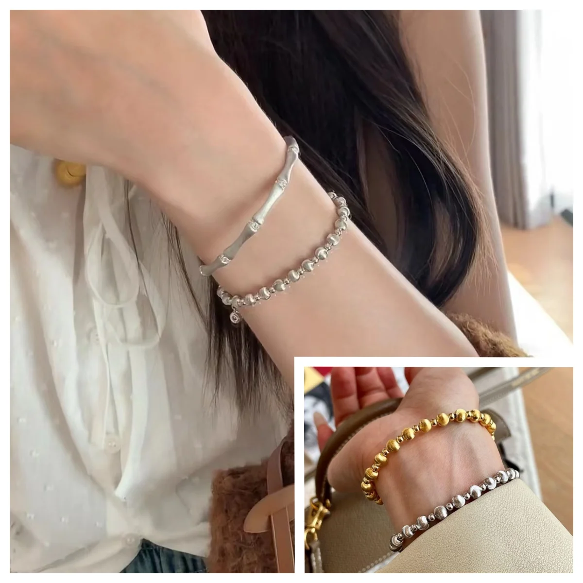 French Retro Laser 925 Silver Bracelet, Light Luxury And Simple Bubble Diamond Tail Pendant, Cat Eye Bead Bracelet For Women