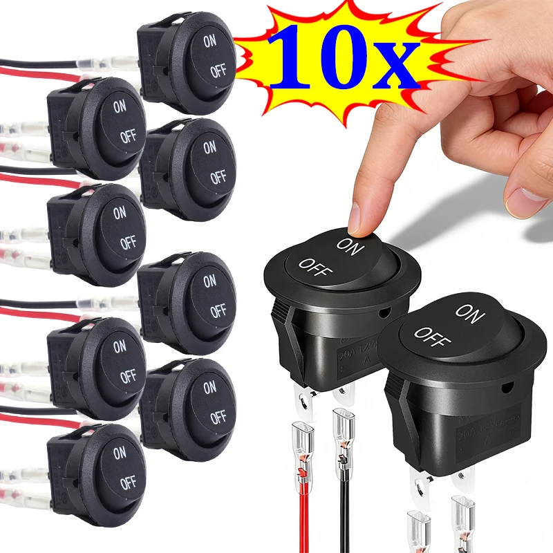10/5/3PCS Round/ Square Head Rocker Switch ON/Off SPST 2Pin Toggle Switch with Wires DC12V-24V Switch for Automotive Boat RVs