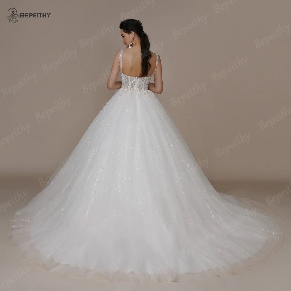 BEPEITHY Customized Princess Glitter Wedding Dresses For Women Sleeveless Beading Bow Bride Boho Bridal Gown Detachable Flow