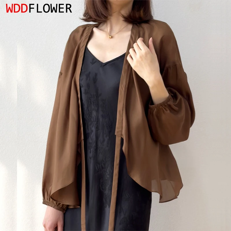 Women Silk Cardigan 100% Mulberry Silk Coffee Lantern Sleeve Bow-tied Neck Loose Type Cappa Shawl Blouse Top Coat M1076