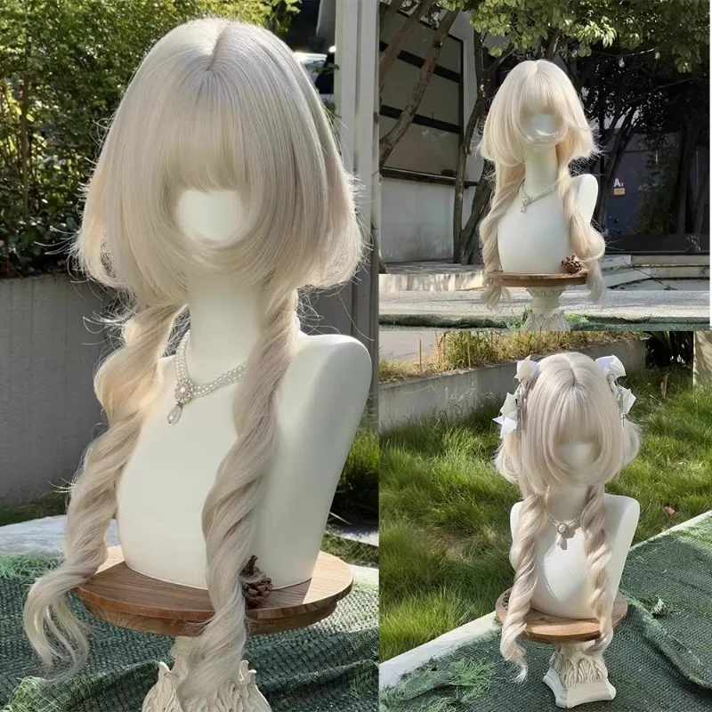 Light White Gold Long Curly Synthetic Wig Princess Roll Lolita Women Role Play Heat Resistant