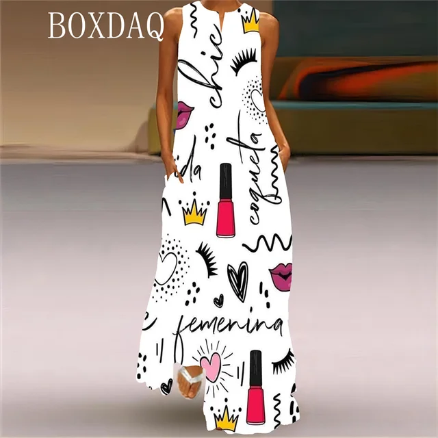 Elegancka Słodka Długa Sukienka Dla Kobiet Nowa Wiosna Seksowna Bezrękawnik V-neck Kieszeń Casualowa Luźna Sukienka Maxi Letnia Sukienka Plażowa Tank