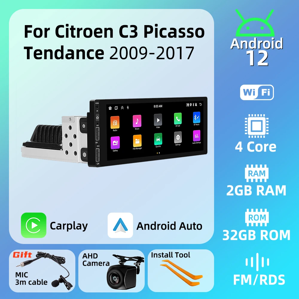 1 Din Carplay Screen for Citroen C3 Picasso Tendance 2009-2017 1din Android Radio Stereo Car Multimedia Head Unit Autoradio GPS