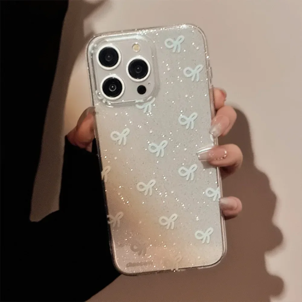 Ins Style Shining Blue Bow Knot Transparent Phone Case, Poly Antichoc Phone Cover, iPhone 16, 15, 14, 12, 13, 11 Pro, Pro Max Plus, X