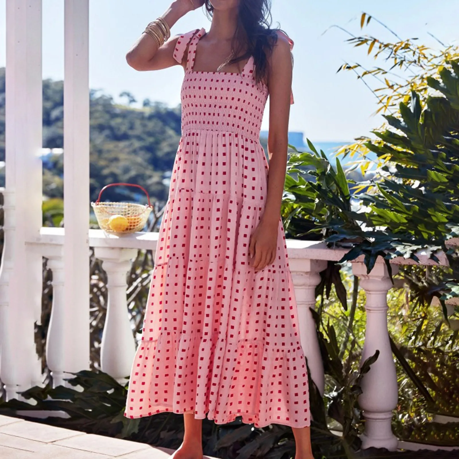 

Women Summer Boho Print Maxi Dress Fashion Style Casual Loose Spaghetti Strap Polka dots Print Ruffle Dress Elegent Beach Dress