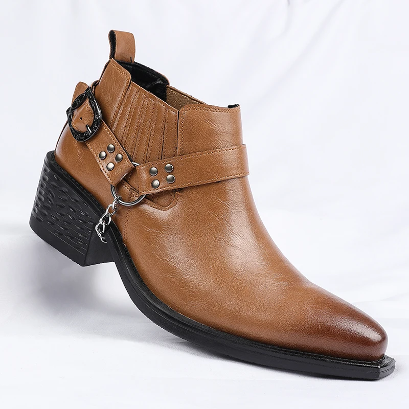 New Brown /Black Cow Leather Boots Metal Chain Design Men Boots High Heel Elevator Shoes Business Formal Wedding Shoes