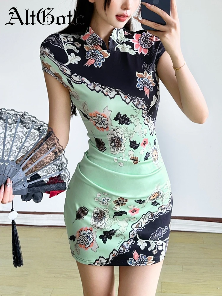 

AltGoth Chinese Style Bodycon Dress Women Dark Academia Gothic Vintage Sexy Short Sleeve High Waist Slim Dress Party Dress Femme