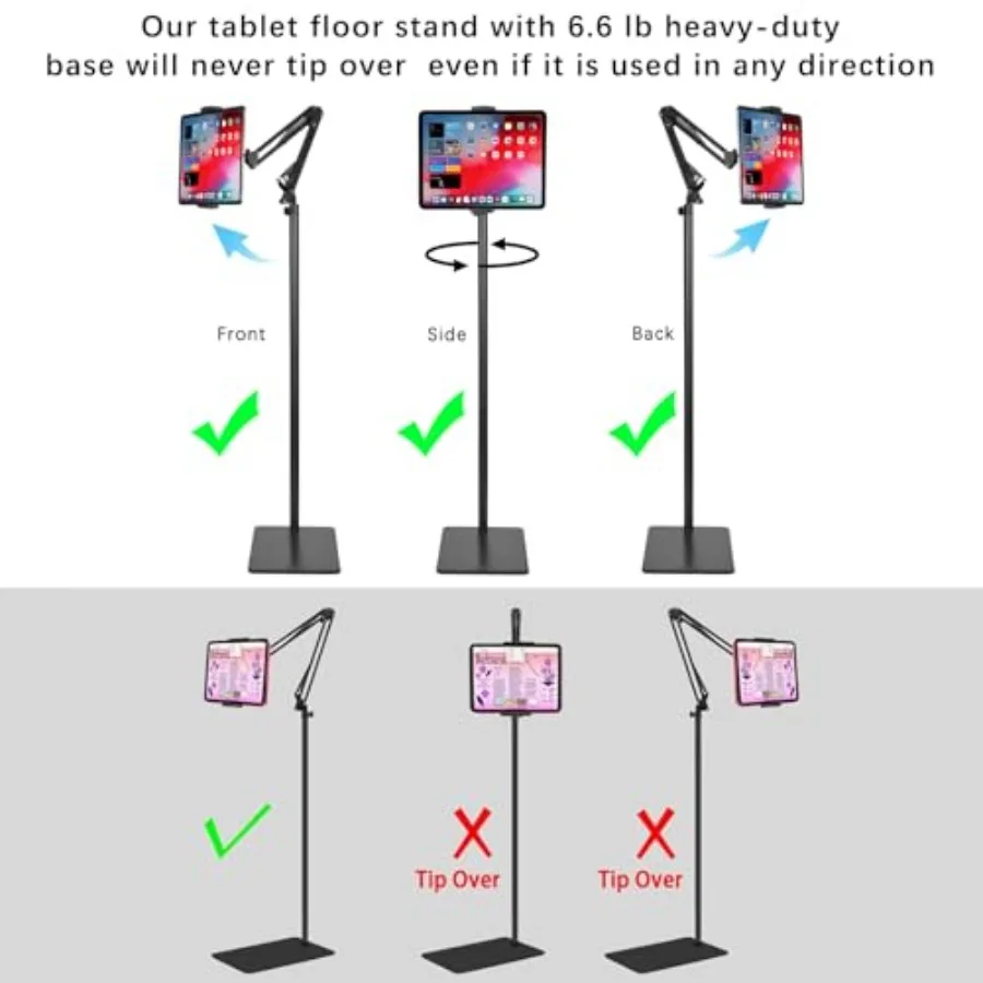 Supporto da pavimento per tablet con doppia base stabile per carichi pesanti da 6,6 libbre, non ribalta mai su altezza regolabile, letto girevole, tablet, telefono S