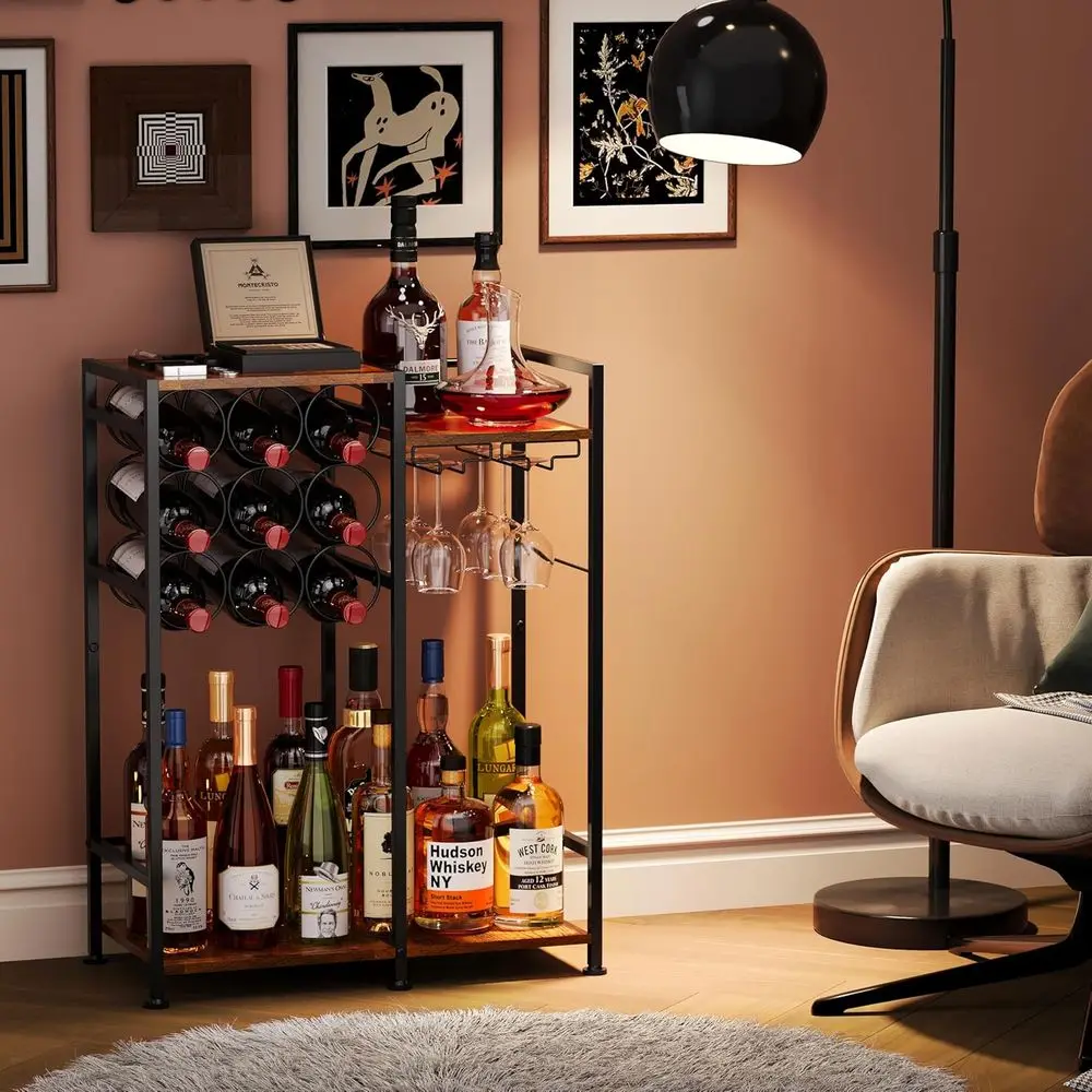 9-Bottle Capacity Home Bar Cabinet, Freestanding Wine Rack with Glass Holder and Fences, Large Corner Liquor Display