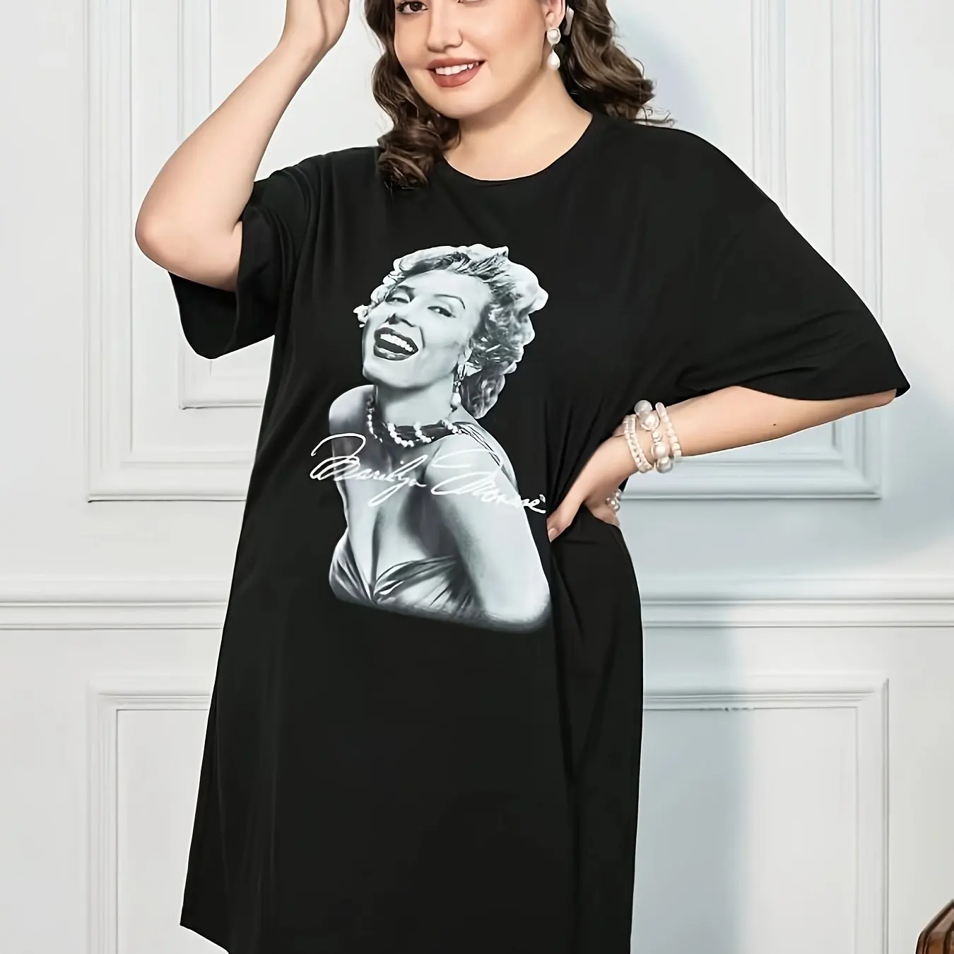 

Женское модное платье-футболка больших размеров с буквенным принтом, повседневное эластичное летнее платье с круглым вырезом и короткими рукавами в повседневном стиле