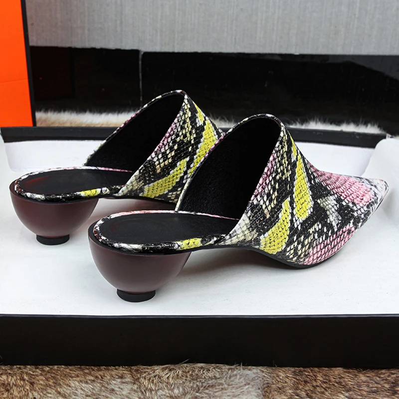 

a041 New Strange Heel Pointed Toe Slippers Female Women 4cm Abnormal Heel Shoes Sexy Snakeskin Pattern Lady Footwear Summer Shoe