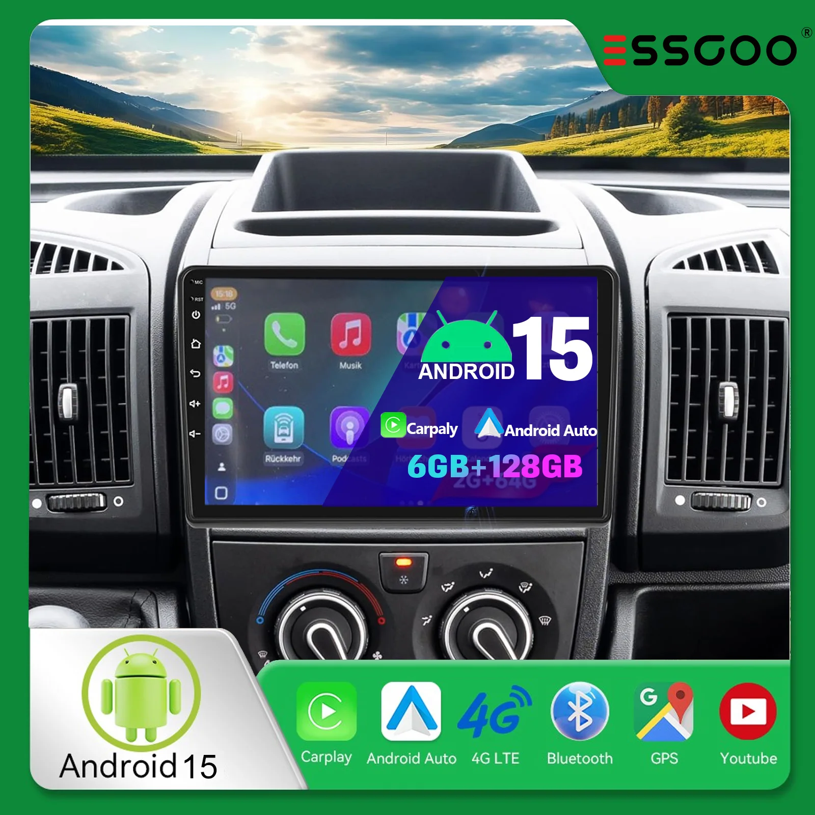 Autoradio ESSGOO 6 GB + 128 GB da 9 pollici per Fiat Ducato Citroen Jumper Peugeot Boxer 2006–2024, CarPlay wireless, Android Auto, multimediale auto, GPS, Bluetooth, 2Din, con DAB e telecamera.