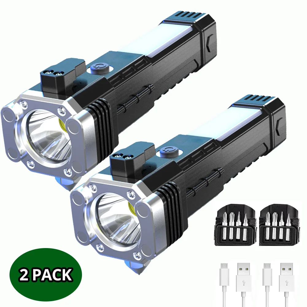 2 Packs High Power LED Flashlight safety Hammer and Strong Magnets Side Light Torch Light Portable Lantern for Adventure Camping