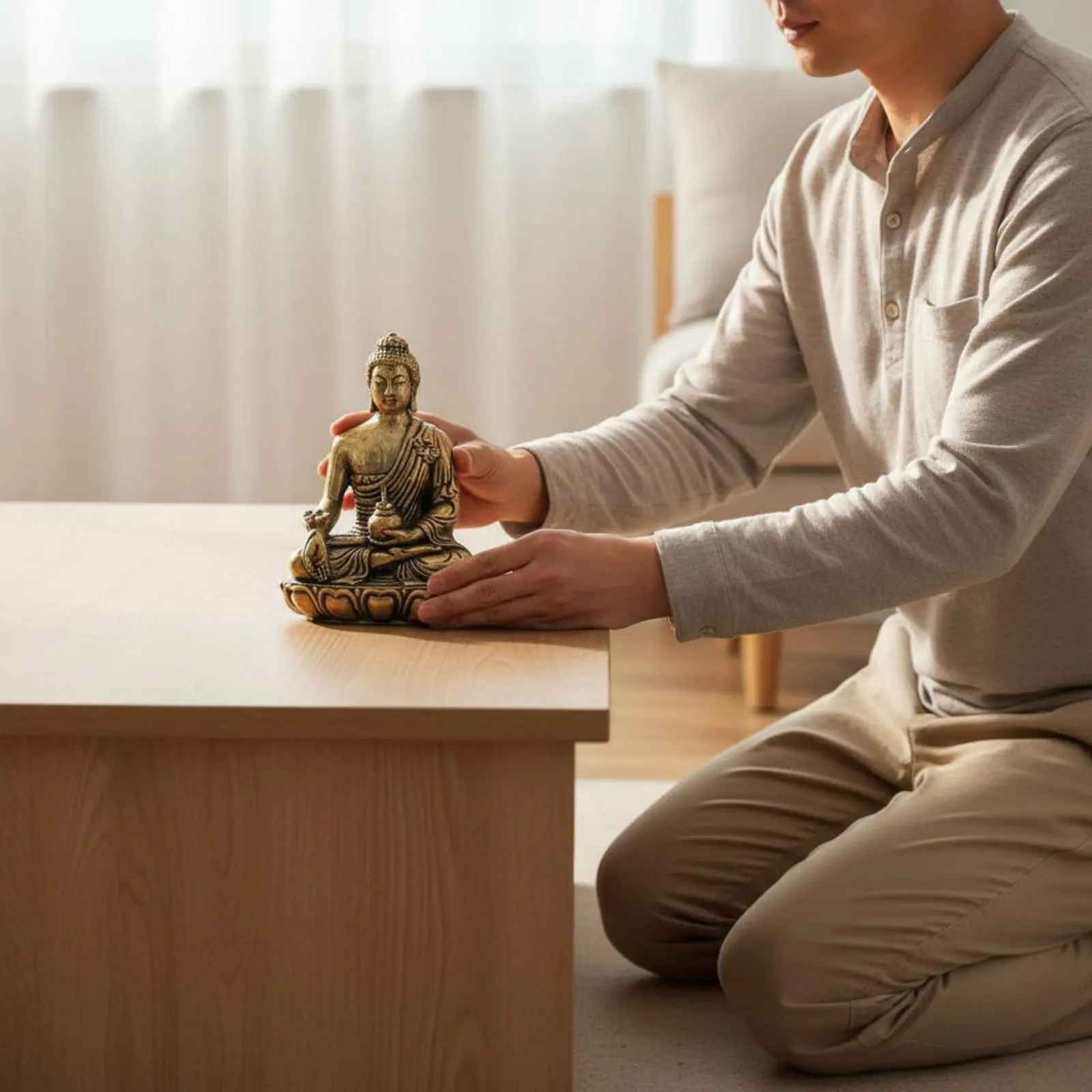 Brass Therapeutic Buddha Statue Artisanal Seated Buddha Sculpture on Lotus Base Home Decoration Vintage Design for Buddhists - view 3