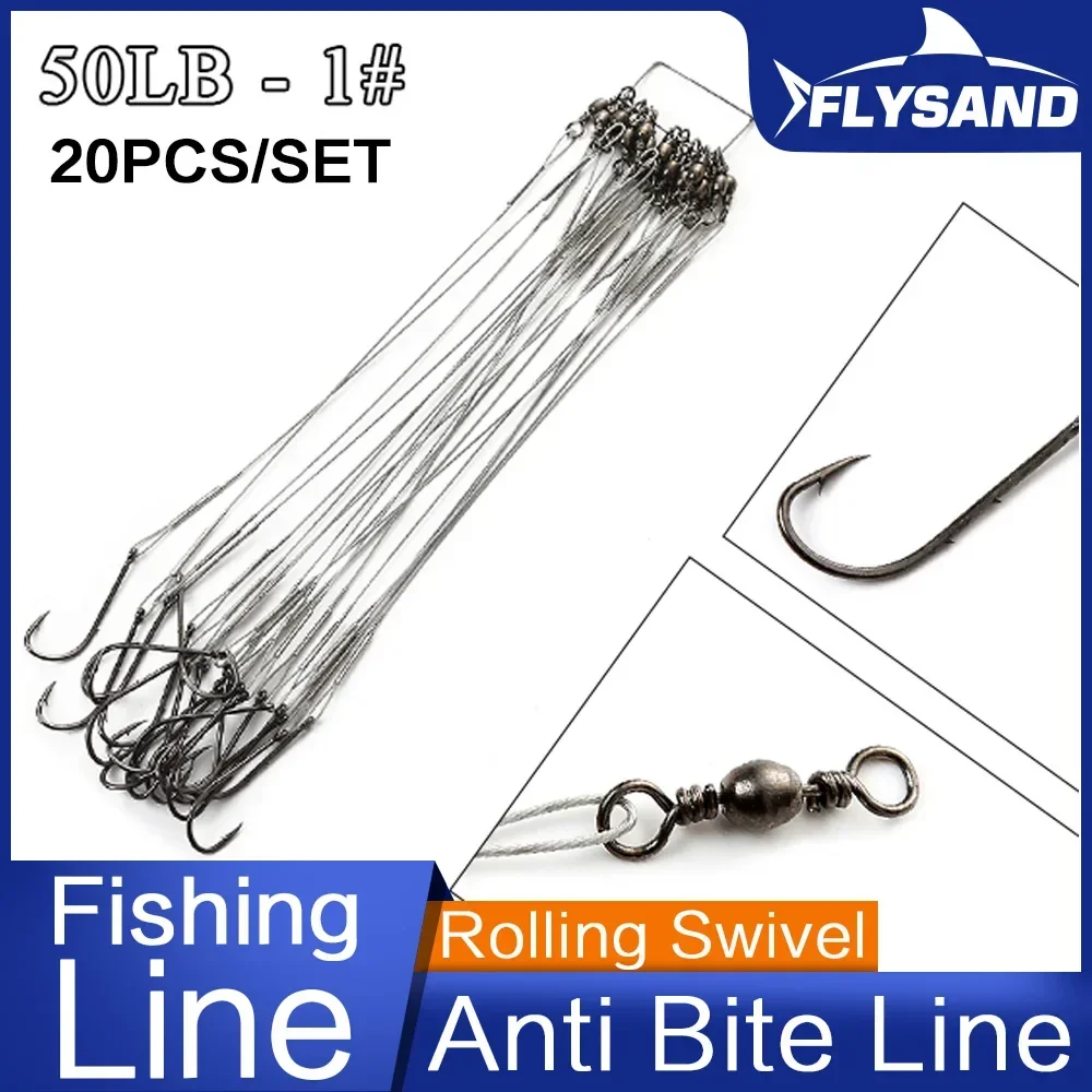 FLYSAND Anti Bite Steel Fishing Line Wire Leader With #1 Hook Swivel 50LB 20Pcs 3 Colors Fishing Tackle Gear