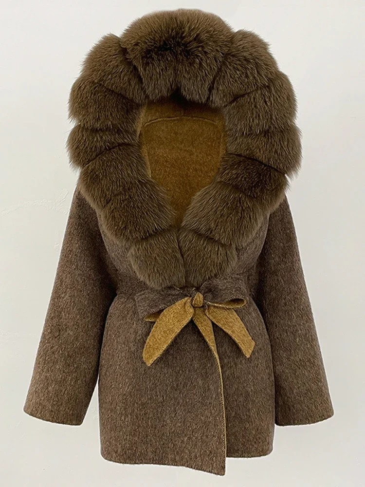 Women Hooded Belt Woolen Jacket Real Fox Fur Wool Coat Female Natural Fur Coat Lady 2025 Fashion Luxury Winter Clothes